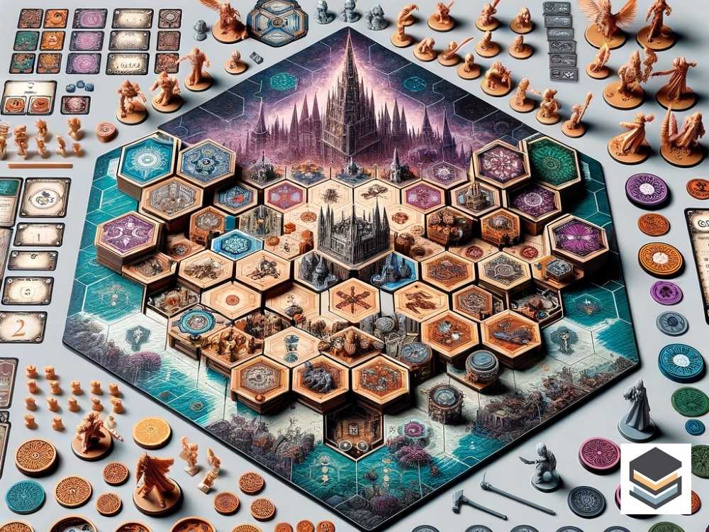 Imagem do Tabuleiro Gloomhaven e Peças do Jogo