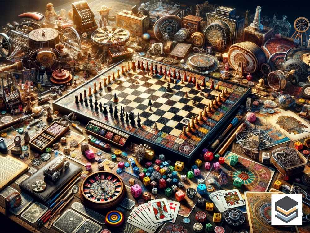 Imagem destacada de um artigo sobre jogos de tabuleiro, mostrando uma variedade de jogos dispostos em uma mesa, destacando peças coloridas e tabuleiros detalhados, simbolizando a diversidade e a complexidade dos jogos de tabuleiro modernos.