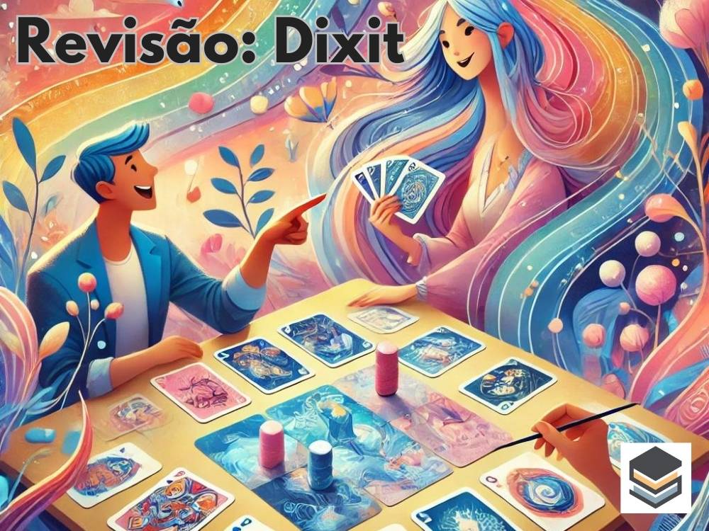 Imagem colorida e vibrante representando o jogo de tabuleiro Dixit, com jogadores interagindo em torno de uma mesa, apontando para cartas abstratas com ilustrações oníricas. O cenário destaca a criatividade e a imaginação, com cores suaves e formas fluidas evocando um ambiente lúdico e leve.