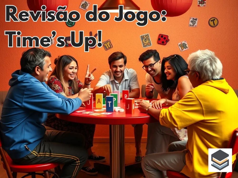 Imagem vibrante e envolvente mostrando um grupo de pessoas ao redor de uma mesa jogando *Times Up*. Os jogadores estão rindo e interagindo com entusiasmo enquanto tentam adivinhar palavras e dar pistas. O ambiente é descontraído e colorido, com cartas e um cronômetro em destaque, capturando a natureza divertida e social do jogo.